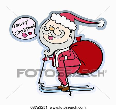 Santa riding on ski View Large Illustration Clip Art - Santa riding on ski . Fotosearch