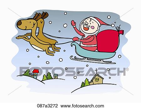 Drawing - Santa riding on sleigh over snowing town . Fotosearch