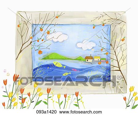 sea scape picture in frame with flowers around View Large Illustration Clipart - sea scape picture in frame with flowers around. Fotosearch