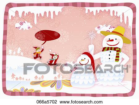 Drawing - snowmen with pink winter background. Fotosearch