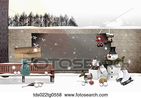 Stock Illustration - The black board, bench, and snowman with winter background. Fotosearch