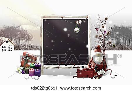 Clip Art - The black board, candles, and Santa with winter background. Fotosearch