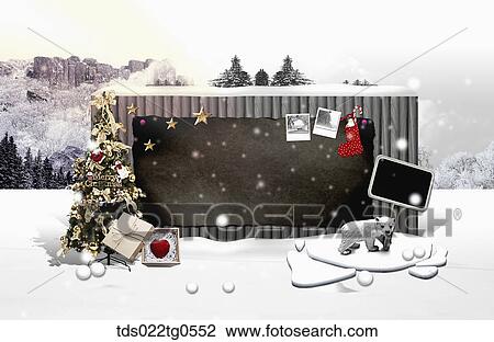 Drawing - The black board, Christmas tree, and polar bear with winter background. Fotosearch