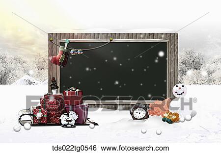 Stock Illustration - The black board, snowman, and gifts with winter background. Fotosearch