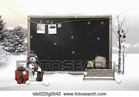 Drawing - The blackboard with winter background . Fotosearch