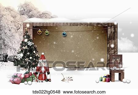 Stock Illustration - The brown board, Christmas tree, and gifts with winter background. Fotosearch