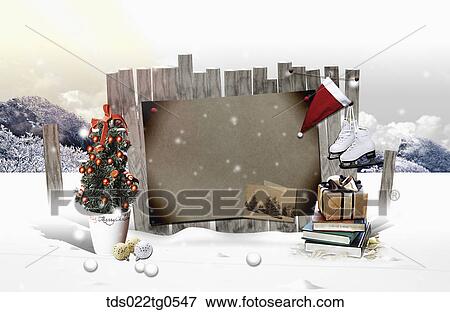 The brown board, Christmas tree, gifts with winter background View Large Illustration Stock Illustration - The brown board, Christmas tree, gifts with winter background. Fotosearch