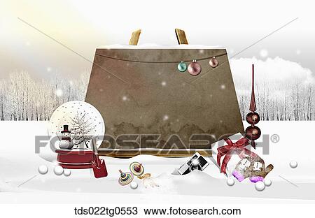 Drawing - The brown board, snowball, gift, camera, and gloves with winter background. Fotosearch