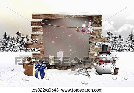 The brown board, snowman, and gifts with winter background View Large Illustration Drawing - The brown board, snowman, and gifts with winter background. Fotosearch