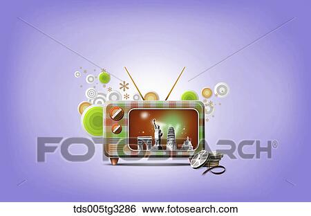 The checked television showing famous construction with purple background View Large Illustration Stock Illustration - The checked television showing famous construction with purple background. Fotosearch