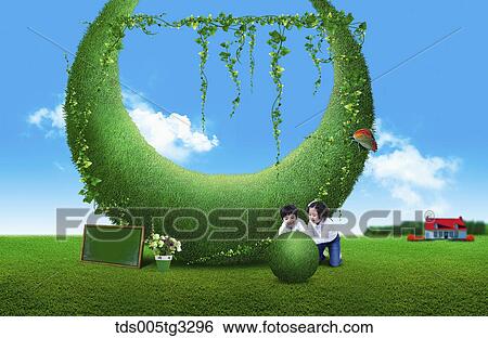 The children looking green ball with green structure behind View Large Illustration Stock Illustration - The children looking green ball with green structure behind. Fotosearch