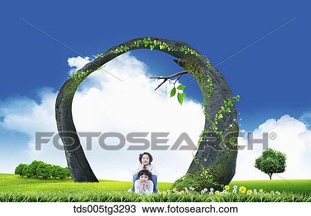 Drawing - The children on green field with circled stone behind. Fotosearch