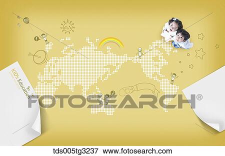 The children on the world map with paper written education around View Large Illustration Stock Illustration - The children on the world map with paper written education around. Fotosearch