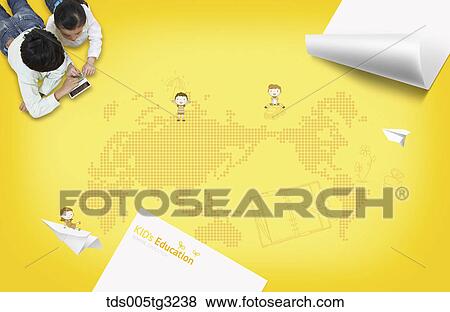 The children on the world map with paper written education around View Large Illustration Stock Illustration - The children on the world map with paper written education around. Fotosearch