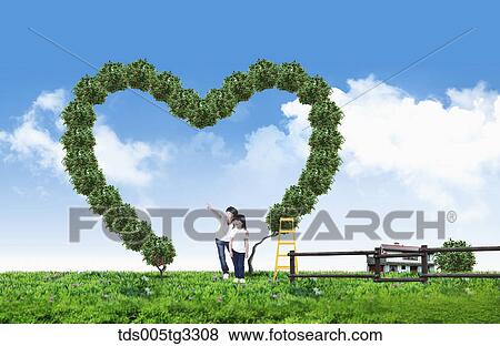 Stock Illustration - The children with the heart shaped tree and the blue sky around. Fotosearch