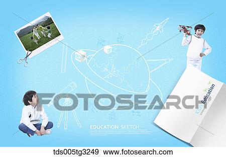 Stock Illustration - The children with the illustration of telescope, planet, and spaceship and education note. Fotosearch