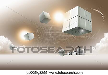 The flying cubes with buildings behind View Large Illustration Stock Illustration - The flying cubes with buildings behind. Fotosearch