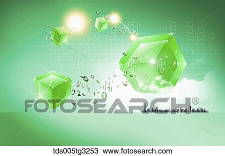 The flying green cubes and numbers with buildings behind View Large Illustration Drawing - The flying green cubes and numbers with buildings behind. Fotosearch