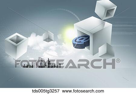 The flying @ mark and cubes with buildings behind View Large Illustration Stock Illustration - The flying @ mark and cubes with buildings behind. Fotosearch
