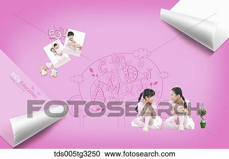 Clipart - The girls facing each other with alphabet tree and education note around. Fotosearch
