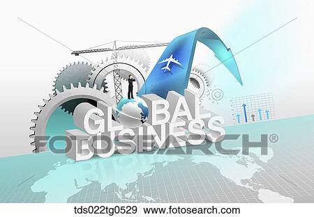 Stock Illustration - The global business, blue arrow, wheels, and crane on world map . Fotosearch