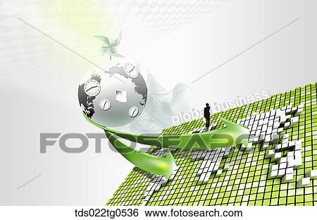 Stock Illustration - The globe and green arrows toward global business and green world map . Fotosearch