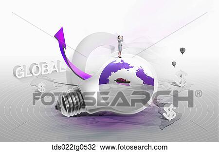 The globe bulb and purple arrow with money and world map around View Large Illustration Drawing - The globe bulb and purple arrow with money and world map around. Fotosearch