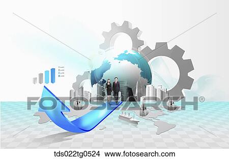 Stock Illustration - The globe, man and woman on the blue arrow and world map . Fotosearch