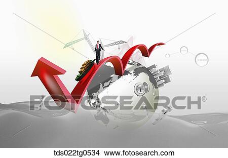 Stock Illustration - The globe, red arrow, and global business floating on the sea. Fotosearch