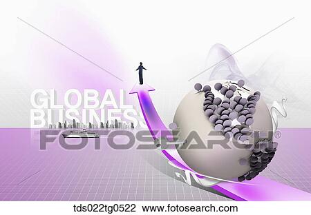 Drawing - The globe, rising arrow, and a man toward global business. Fotosearch
