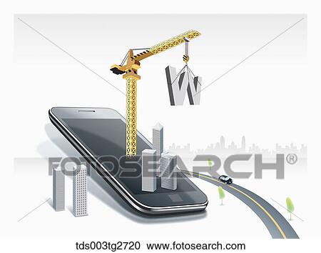 The mobile phone with construction crane and buildings View Large Illustration Clipart - The mobile phone with construction crane and buildings . Fotosearch
