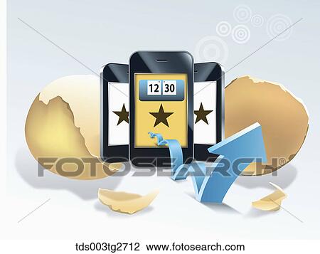 The mobile phones hatching out of egg with blue arrow View Large Illustration Drawing - The mobile phones hatching out of egg with blue arrow. Fotosearch