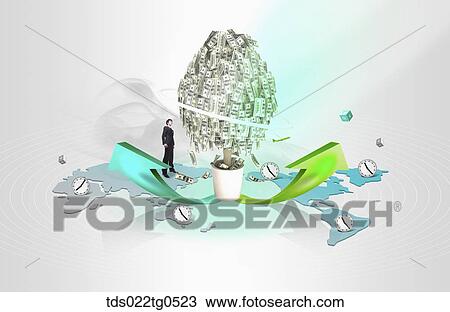Drawing - The money tree and rising arrows on the world map . Fotosearch
