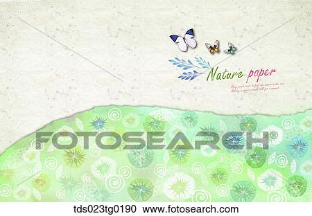 The nature paper with butterflies, green flowers and leaves View Large Illustration Clipart - The nature paper with butterflies, green flowers and leaves. Fotosearch