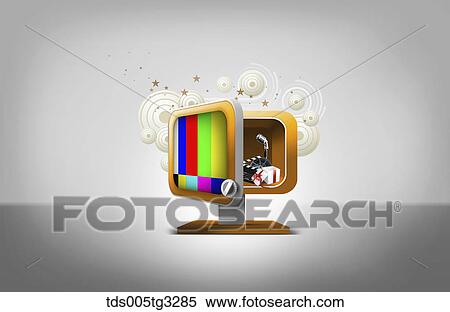 Stock Illustration - The opening orange colored television and slate, microphone, and a gift in it. Fotosearch