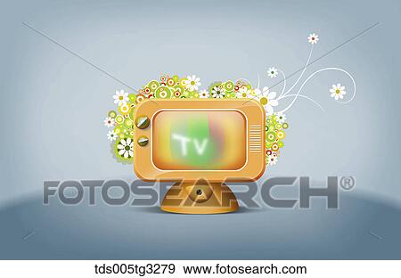 Stock Illustration - The orange colored television with flowers and gray background. Fotosearch