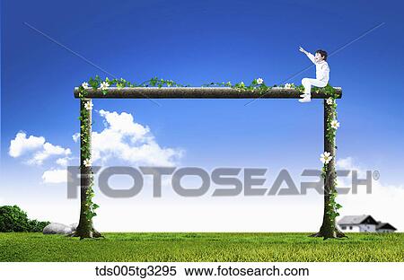 The pointing boy on flower and wood frame with the blue sky View Large Illustration Stock Illustration - The pointing boy on flower and wood frame with the blue sky . Fotosearch