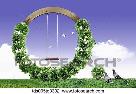 The swing and green structure with doves around View Large Illustration Drawing - The swing and green structure with doves around. Fotosearch