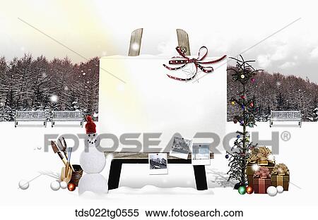 The white easel, snowman, and gifts with winter background View Large Illustration Stock Illustration - The white easel, snowman, and gifts with winter background. Fotosearch