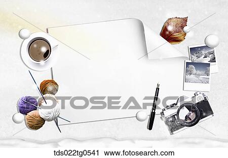 Clip Art - The white paper with winter decorations of coffee, knitting, camera around. Fotosearch