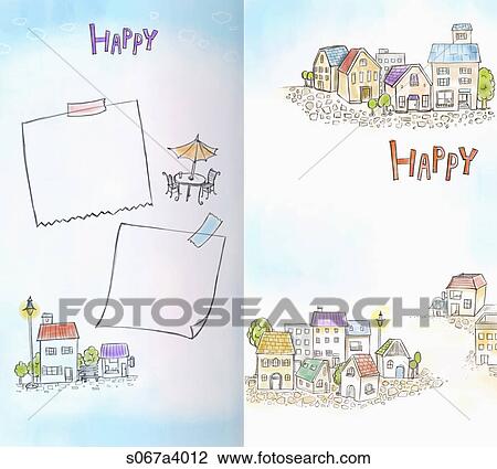 town with notes and happy word View Large Illustration Drawing - town with notes and happy word. Fotosearch