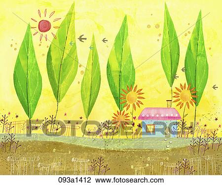 Drawing - trees, house, and flowers with yellow background. Fotosearch