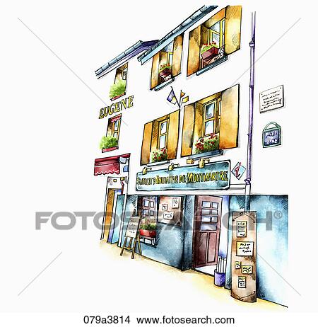 Stock Illustration - white and blue building with brown windows. Fotosearch
