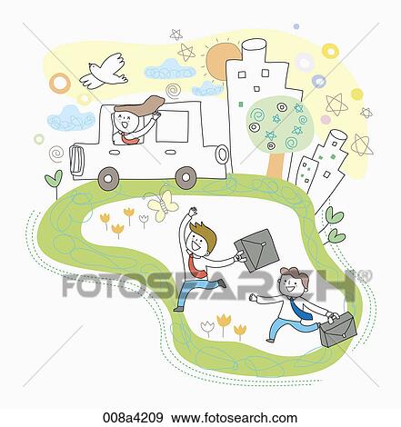 Stock Illustration - women on the car and two men with suitcases. Fotosearch