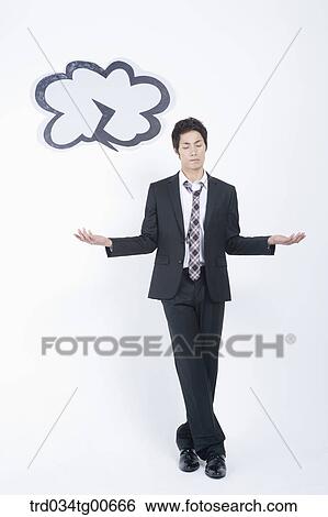 Stock Photograph - A stressful man having his arms open with dark lightening cloud. Fotosearch