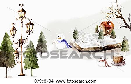 A book and a cup of tea with Christmas trees and snowmen View Large Illustration Stock Illustration - A book and a cup of tea with Christmas trees and snowmen. Fotosearch