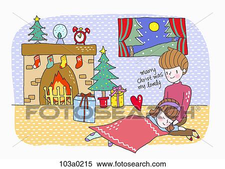 Stock Illustration - A boy and a girl by fireplace. Fotosearch