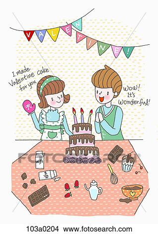 Stock Illustration - A boy and a girl making a cake on valentine. Fotosearch