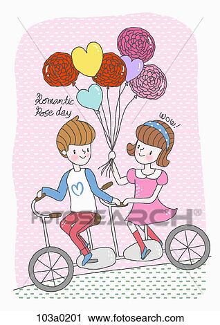 A boy and a girl on bicycle with balloons View Large Illustration Clip Art - A boy and a girl on bicycle with balloons. Fotosearch