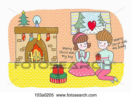 Stock Illustration - A boy and a girl on christmas day with fireplace. Fotosearch